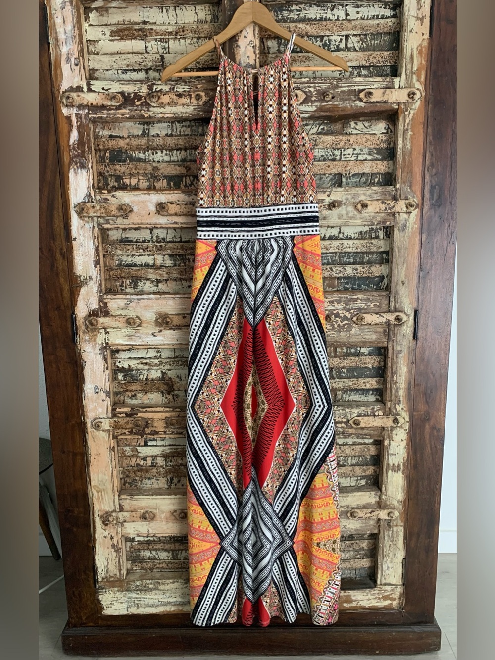 London Times Morris Maxi Dress Boho Geometric Medallion Tribal Print Halter, 10